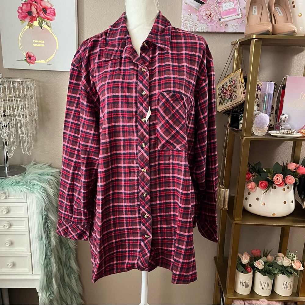 NWT Terra Sky red pink plaid button down long sleeve shirt